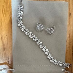 Crystal Leaf Tennis Bracelet with Floral Stud Earrings - Silver Tone